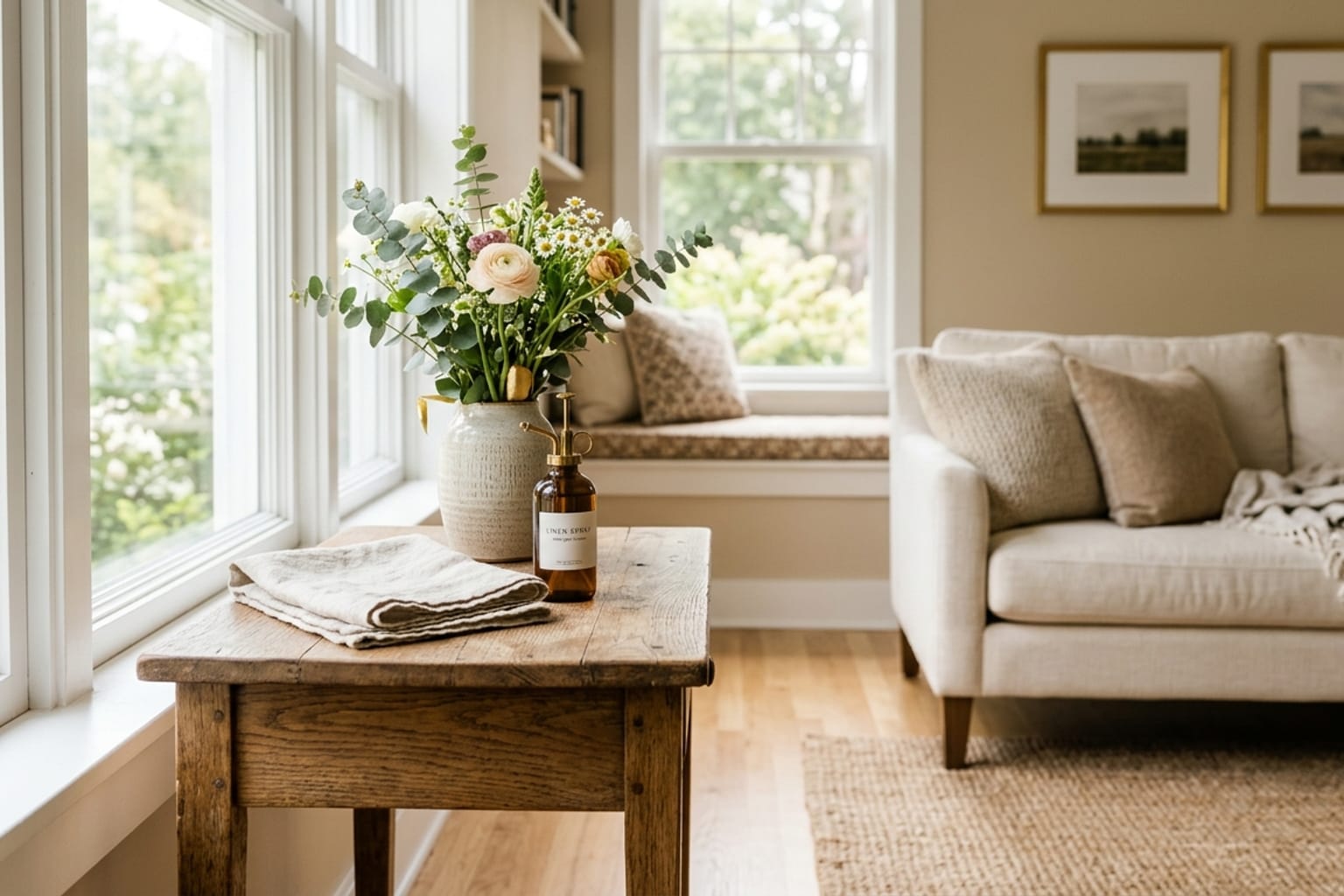 A bright, spotlessly clean sunlit living room with fresh flowers and folded linens